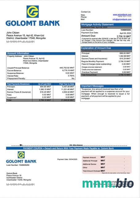 Mongolia Golomt Bank wyciąg z kredytu hipotecznego szablon Word i PDF